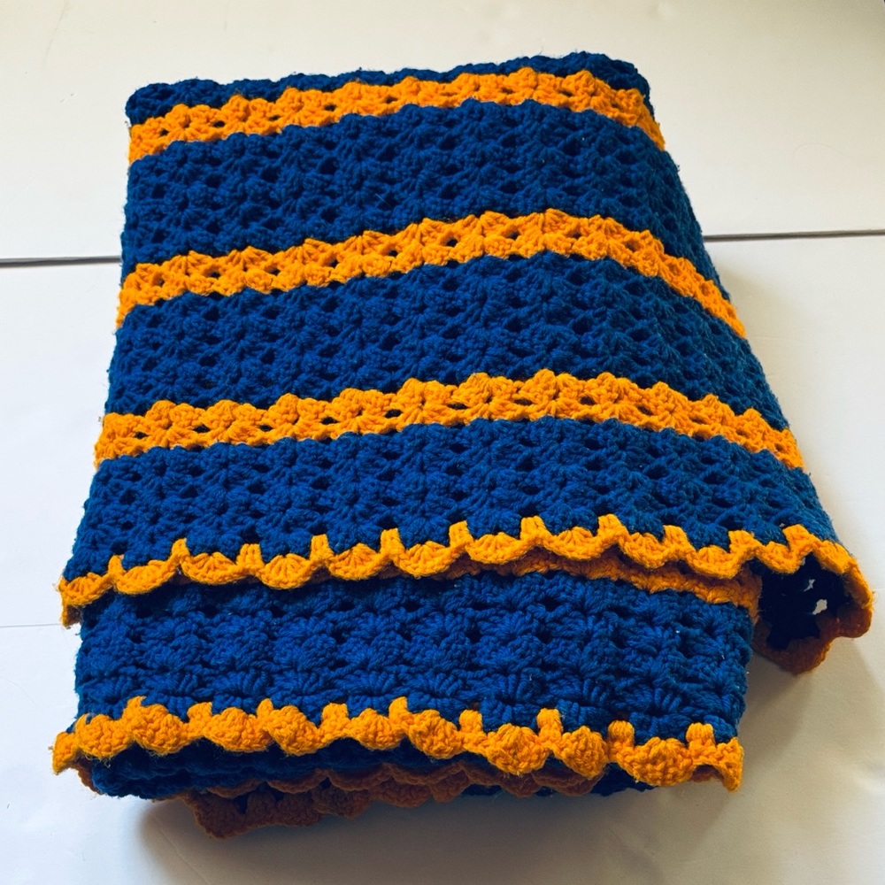 Vintage Handmade Large Blanket | Vibrant Blue & Orange | Boho Hippie Vibes Decor